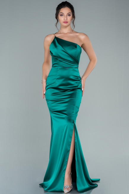 Long Emerald Green Satin Prom Gown ABU2518