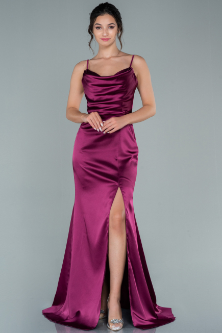 Long Cherry Colored Satin Prom Gown ABU1938