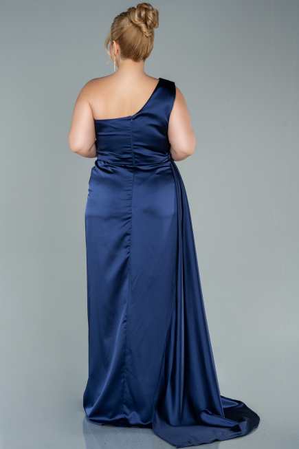 Long Navy Blue Satin Plus Size Evening Dress ABU2531
