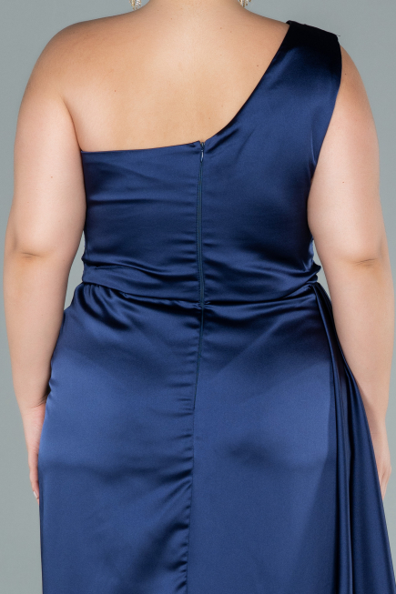 Long Navy Blue Satin Plus Size Evening Dress ABU2531