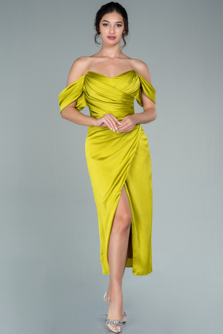 Pistachio Green Midi Satin Invitation Dress ABK1404