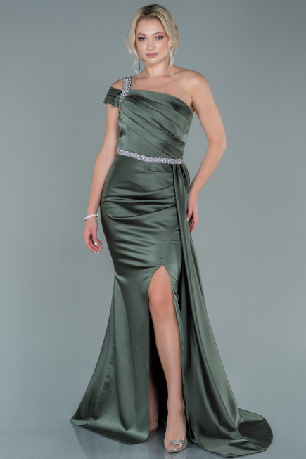 Olive Drab Long Satin Evening Dress ABU2363