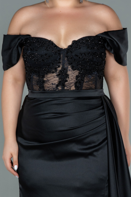 Long Black Satin Plus Size Evening Dress ABU2371