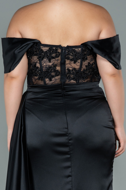 Long Black Satin Plus Size Evening Dress ABU2371