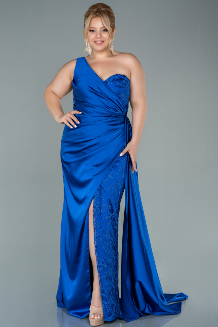 Long Sax Blue Satin Plus Size Evening Dress ABU2559