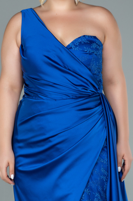 Long Sax Blue Satin Plus Size Evening Dress ABU2559