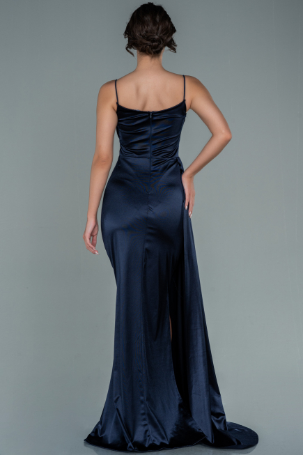 Long Navy Blue Satin Evening Dress ABU2592