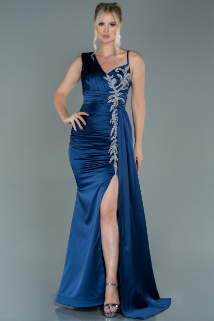 Long Navy Blue Satin Evening Dress ABU2598