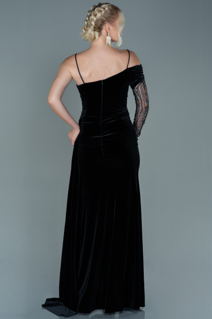 Long Black-Silver Velvet Evening Dress ABU2605