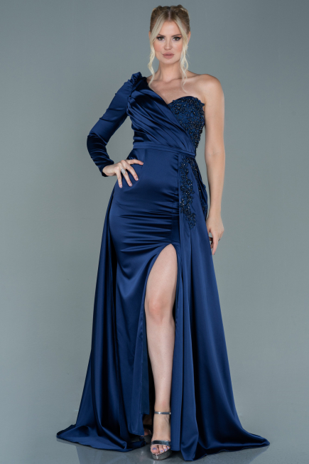 Long Navy Blue Satin Evening Dress ABU2610