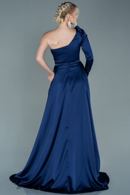 Long Navy Blue Satin Evening Dress ABU2610