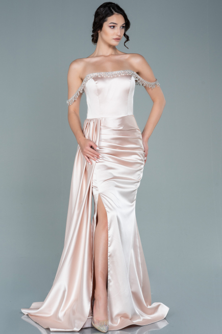 Long Beige Satin Evening Dress ABU2618
