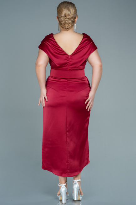 Midi Burgundy Satin Plus Size Evening Dress ABK1499