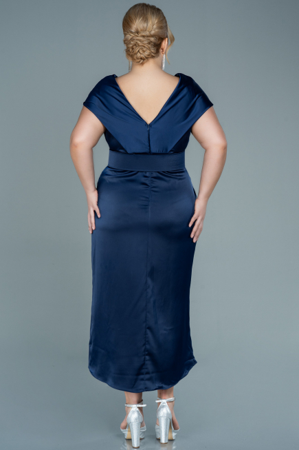 Midi Navy Blue Satin Plus Size Evening Dress ABK1499