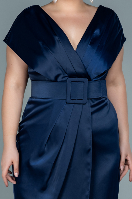 Midi Navy Blue Satin Plus Size Evening Dress ABK1499
