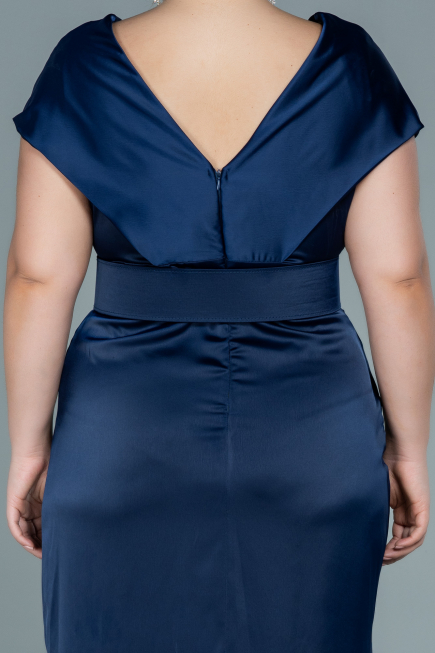 Midi Navy Blue Satin Plus Size Evening Dress ABK1499