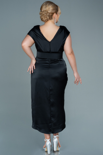 Midi Black Satin Plus Size Evening Dress ABK1499