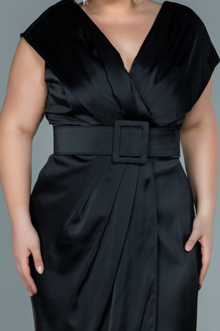 Midi Black Satin Plus Size Evening Dress ABK1499