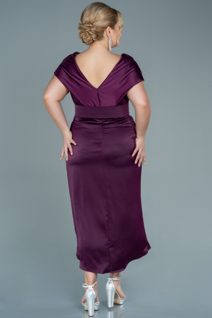 Midi Cherry Colored Satin Plus Size Evening Dress ABK1499
