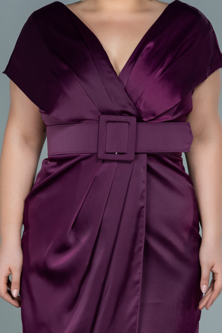 Midi Cherry Colored Satin Plus Size Evening Dress ABK1499