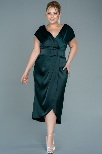 Midi Emerald Green Satin Plus Size Evening Dress ABK1499