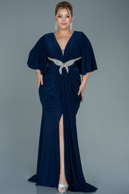 Long Navy Blue Satin Plus Size Evening Dress ABU2646