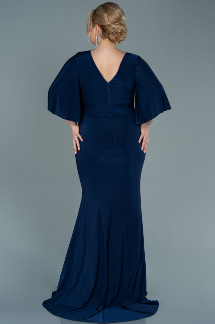 Long Navy Blue Satin Plus Size Evening Dress ABU2646