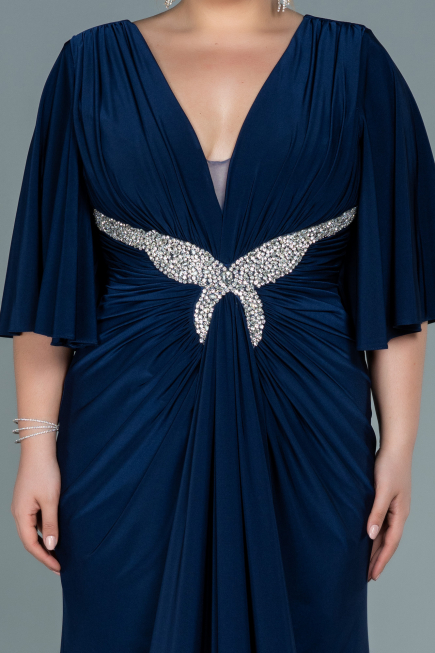 Long Navy Blue Satin Plus Size Evening Dress ABU2646