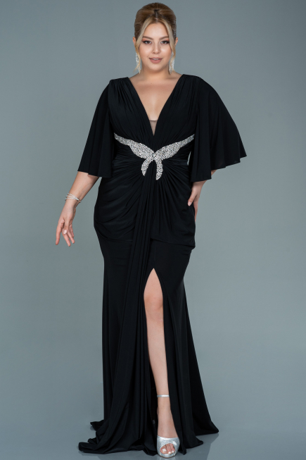Long Black Satin Plus Size Evening Dress ABU2646