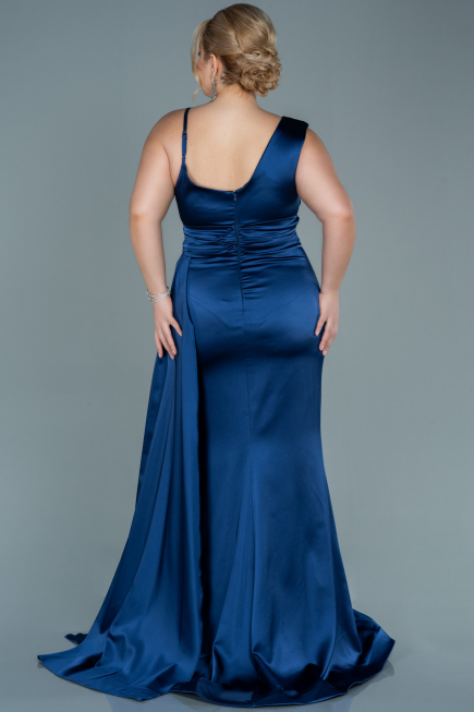 Long Navy Blue Satin Plus Size Evening Dress ABU2599