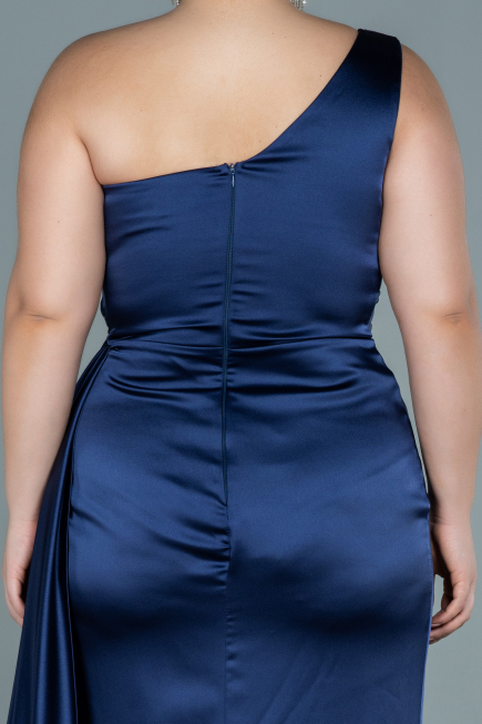 Long Navy Blue Satin Plus Size Evening Dress ABU2559