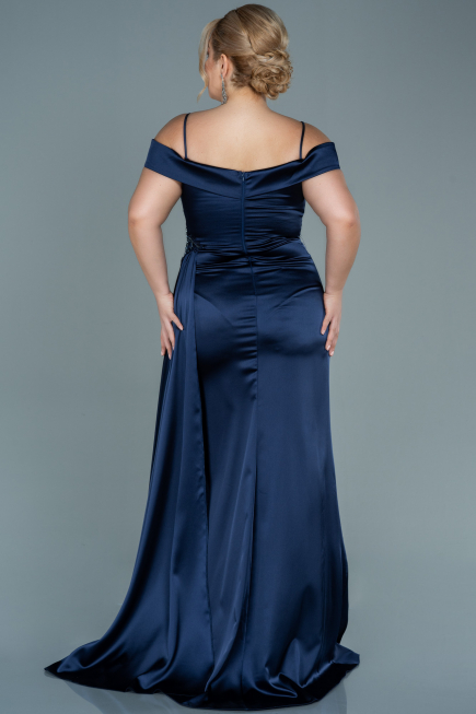 Long Navy Blue Satin Plus Size Evening Dress ABU2644