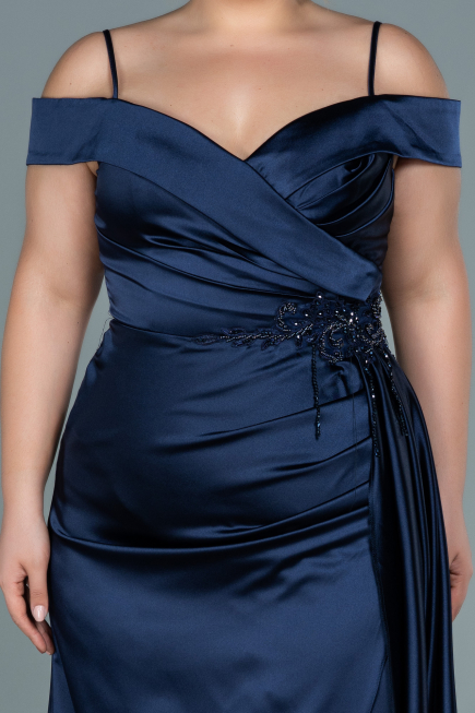 Long Navy Blue Satin Plus Size Evening Dress ABU2644