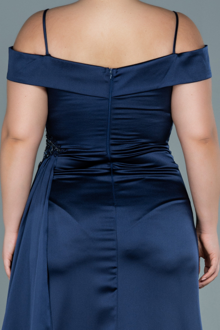 Long Navy Blue Satin Plus Size Evening Dress ABU2644
