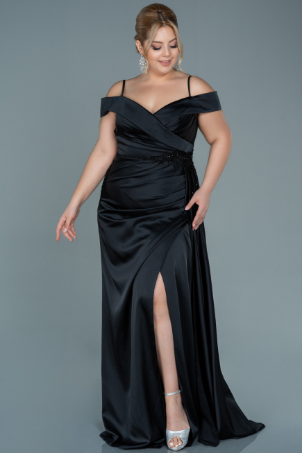 Long Black Satin Plus Size Evening Dress ABU2644