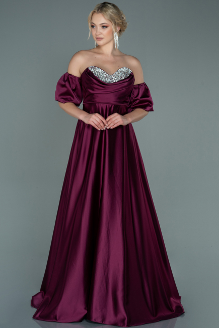Long Cherry Colored Satin Evening Dress ABU2614