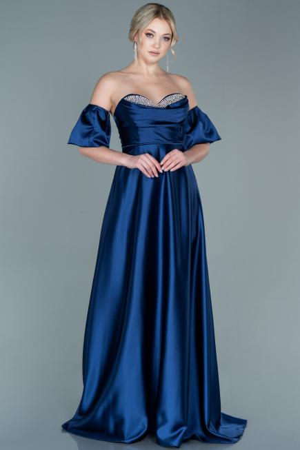 Long Navy Blue Satin Evening Dress ABU2614