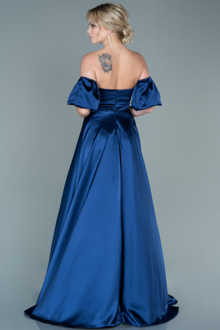 Long Navy Blue Satin Evening Dress ABU2614