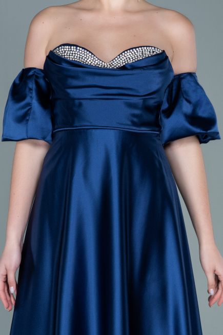Long Navy Blue Satin Evening Dress ABU2614
