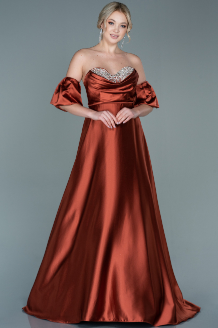 Long Light Brown Satin Evening Dress ABU2614