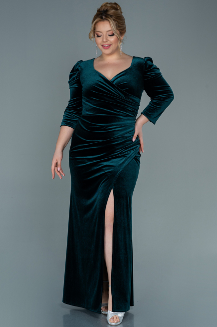 Long Emerald Green Velvet Plus Size Evening Dress ABU2697