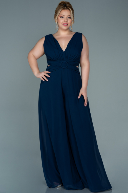 Navy Blue Chiffon Plus Size Evening Dress ABT082