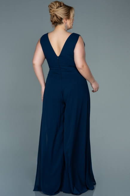 Navy Blue Chiffon Plus Size Evening Dress ABT082