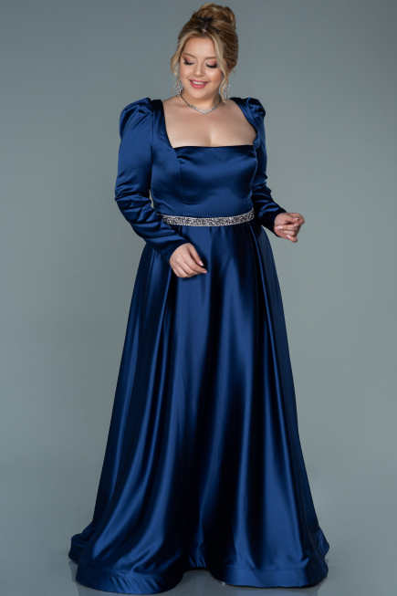 Long Navy Blue Satin Plus Size Evening Dress ABU2684