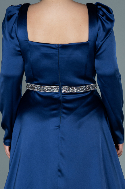 Long Navy Blue Satin Plus Size Evening Dress ABU2684