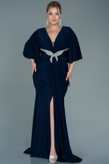 Dark Navy Blue Long Satin Plus Size Evening Dress ABU2646