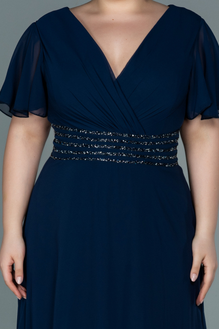 Long Navy Blue Chiffon Plus Size Evening Dress ABU2755