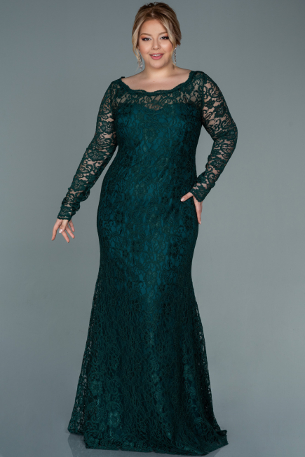Emerald Green Long Laced Oversized Evening Dress ABU1574