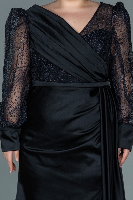 Long Black Satin Plus Size Evening Dress ABU2759