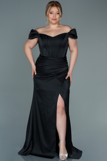 Long Black Satin Plus Size Evening Dress ABU2609